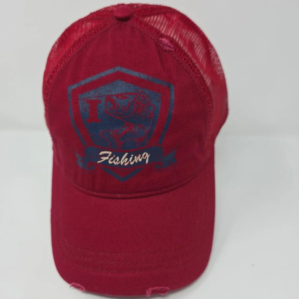 Fishing Graphic Hat OSFM Red Mesh Back Distressed Trucker Cap Burgundy